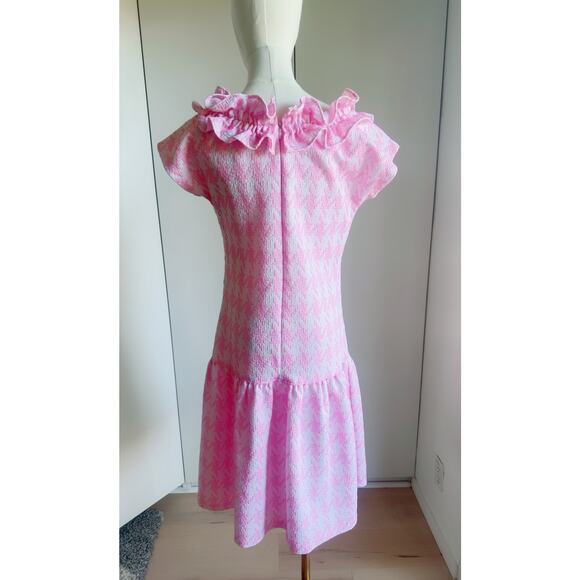 Vintage 60s Pink Houndstooth Dress Size Medium Drop Waist Ruffle Neckline Mod - Picture 5 of 7